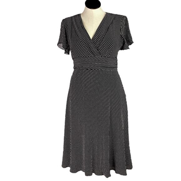 Coldwater Creek Dress Women 14 Black White Slik Polka Dot Pleated V Neck Flutter - Picture 1 of 7